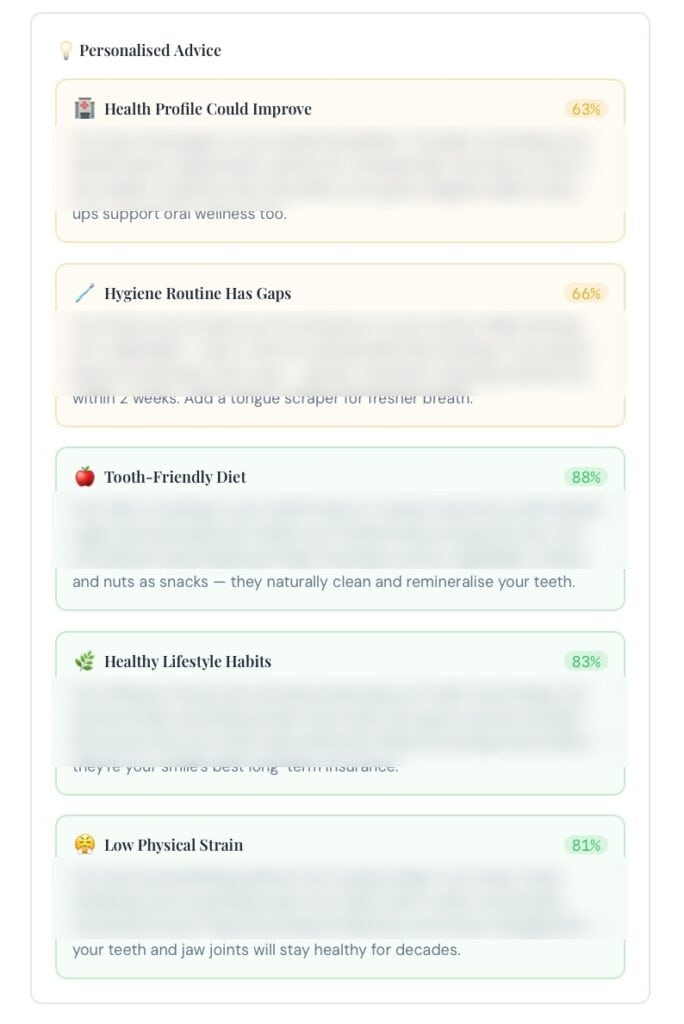 Smile Forecaster quiz results showing five personalised oral health scores across diet, hygiene, lifestyle, and physical strain categories, with advice blurred to preview the quiz outcome.