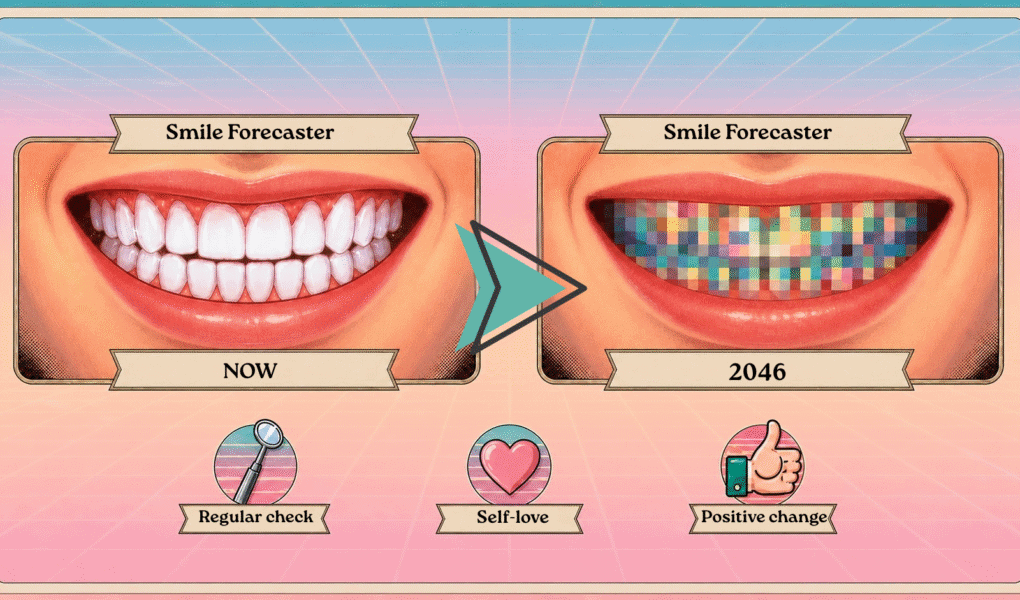Dental health quiz feature image — retro Japanese illustration comparing a perfect smile to a mystery mosaic smile result
